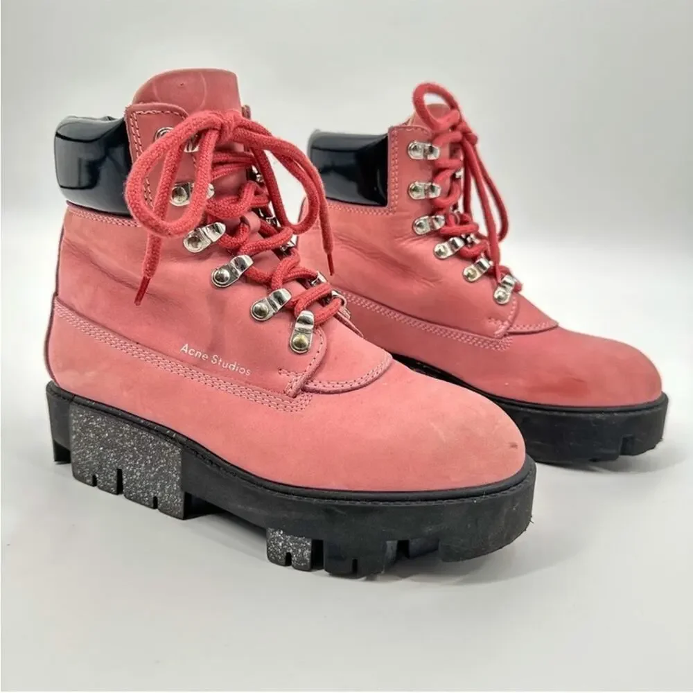Acne Studios Telde Pink Calfskin Chunky Platform Hiking Lug Boots 35